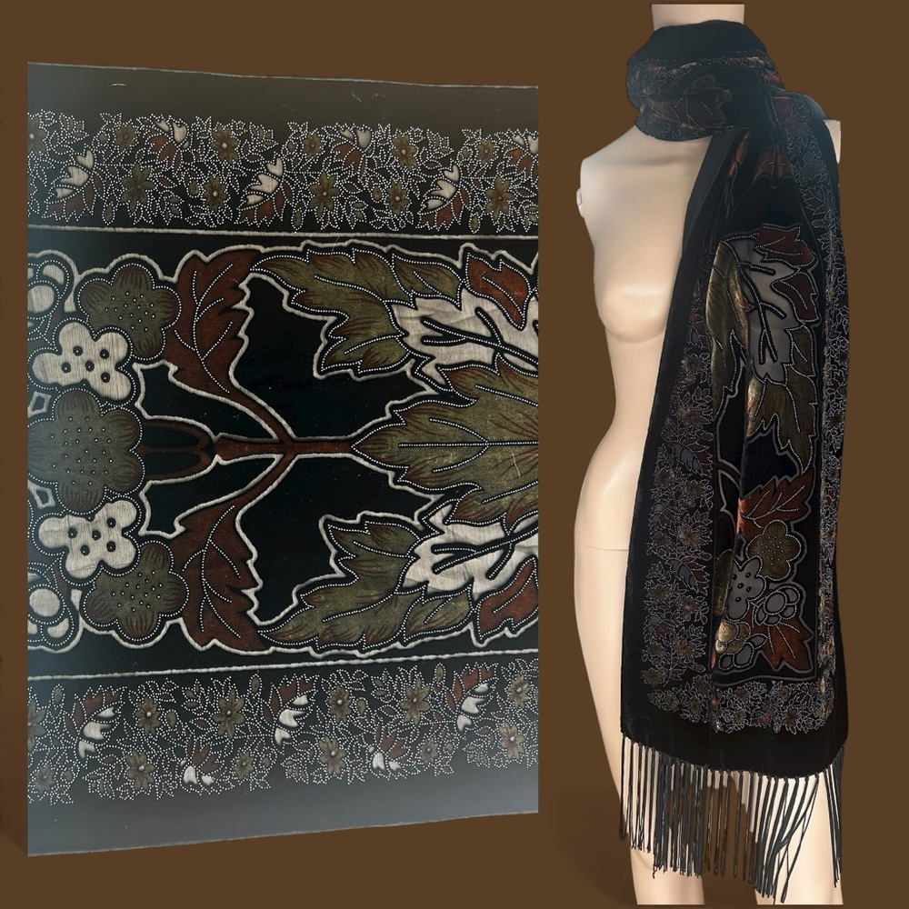 Vintage Black Floral Fringe Wrap Scarf with Olive and Brown Accents
